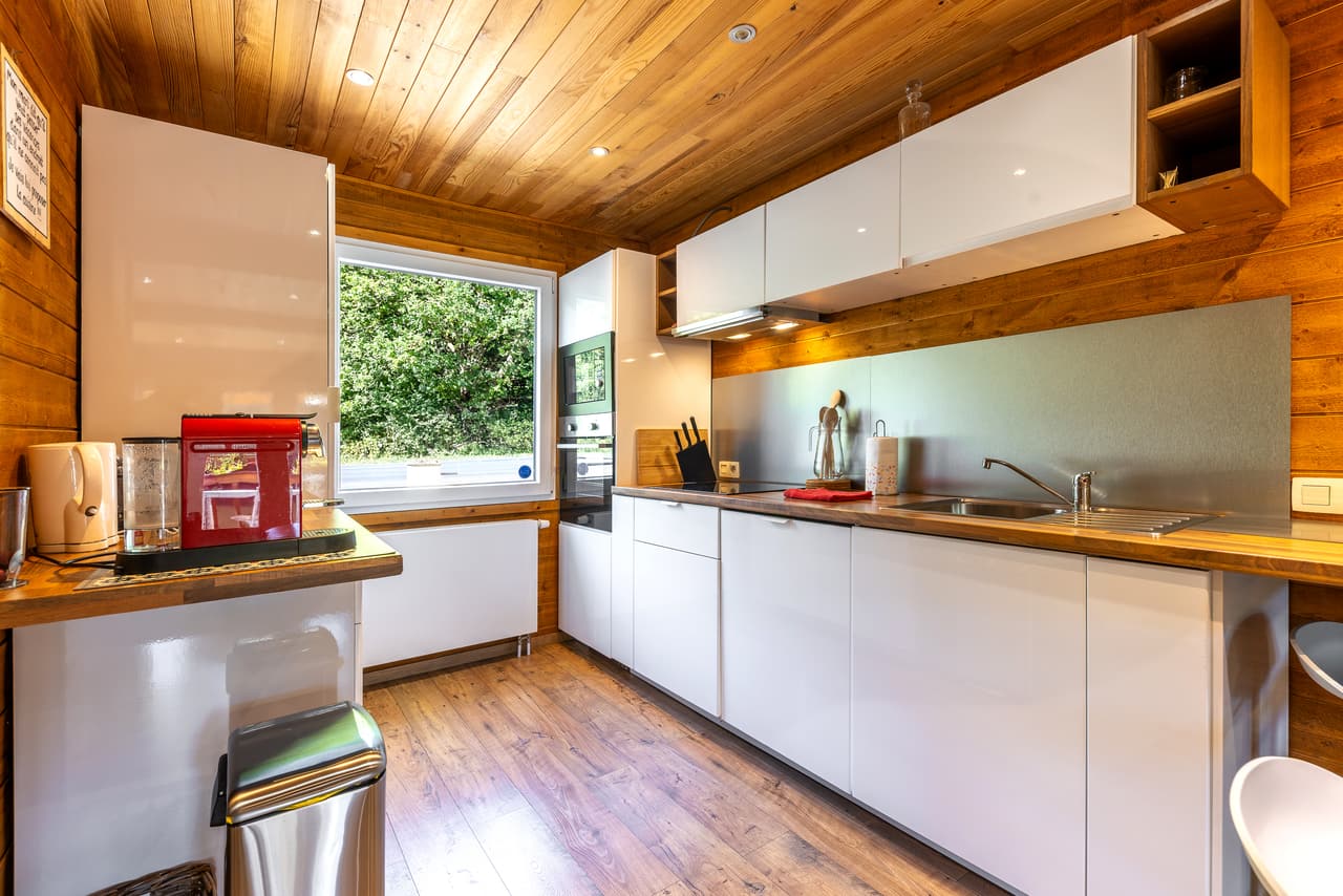 White kitchen with oven, hob and a window onto the trees