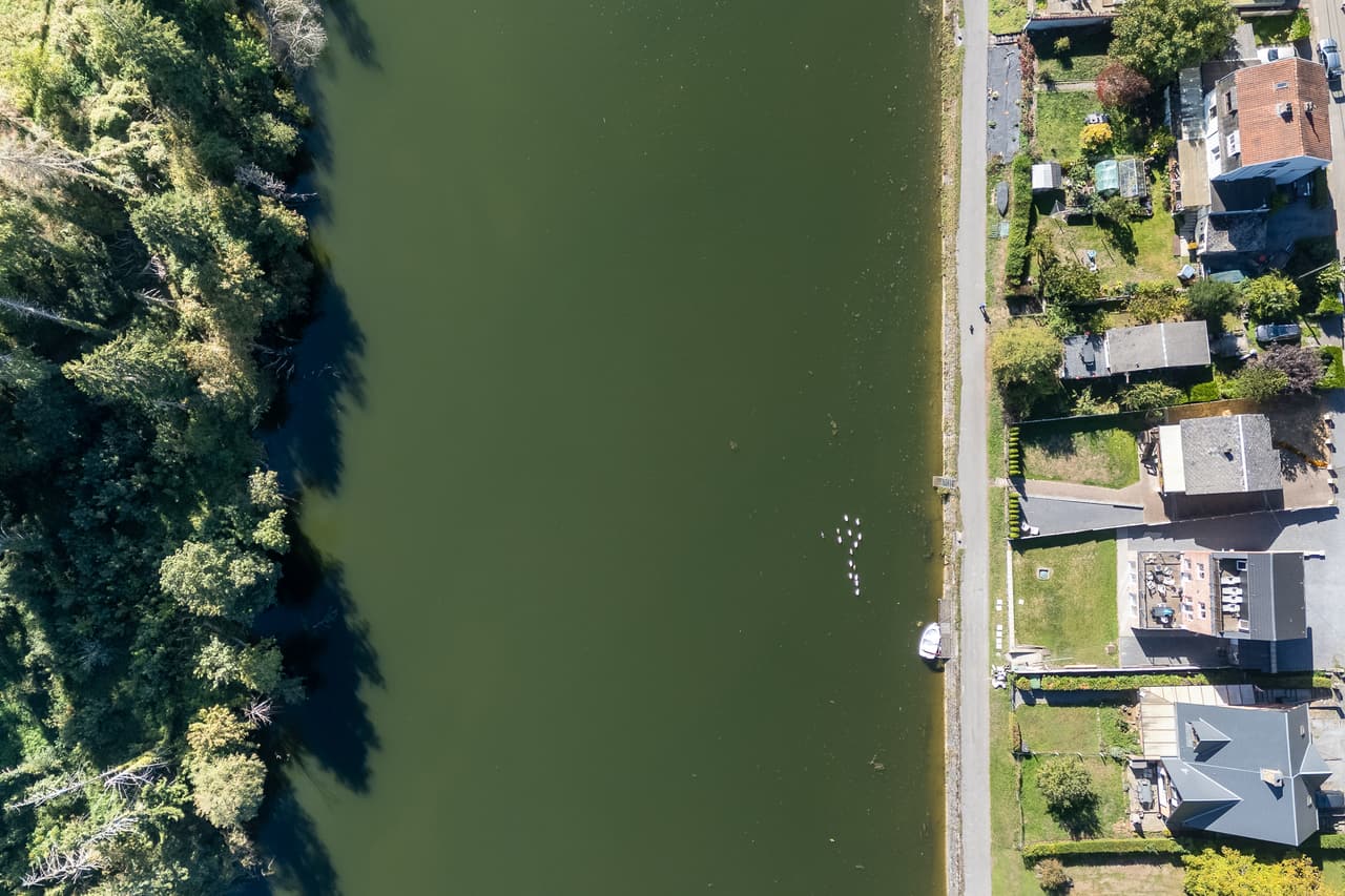 The towpath from above, between the Meuse, the forest and the gardens