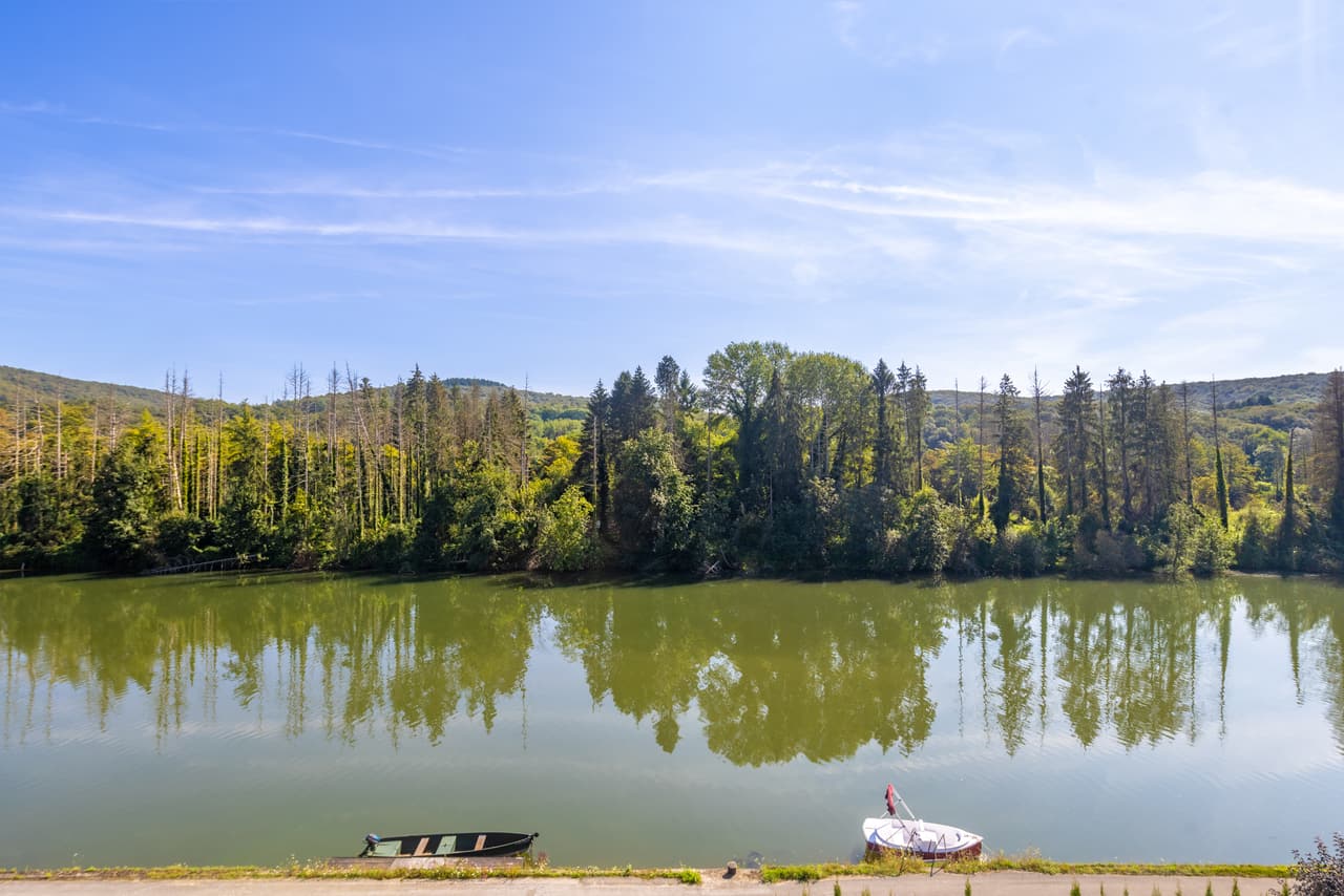 The quiet Meuse, with two boats along the bank