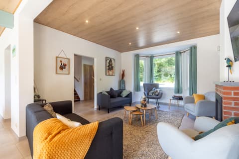 Living room at La Villa Wellness, with a dark sofa, grey armchairs and a gas fire