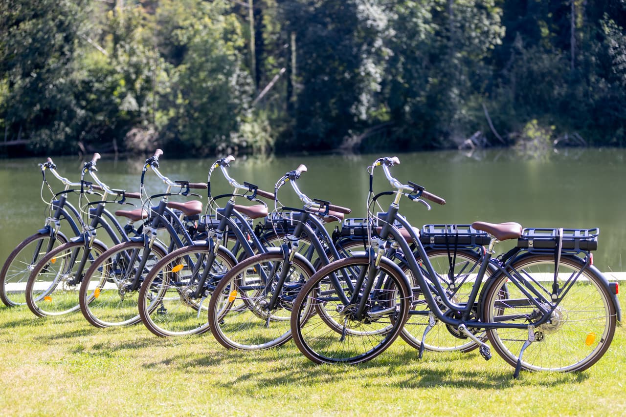 Row of electric bikes on the lawn, facing the Meuse